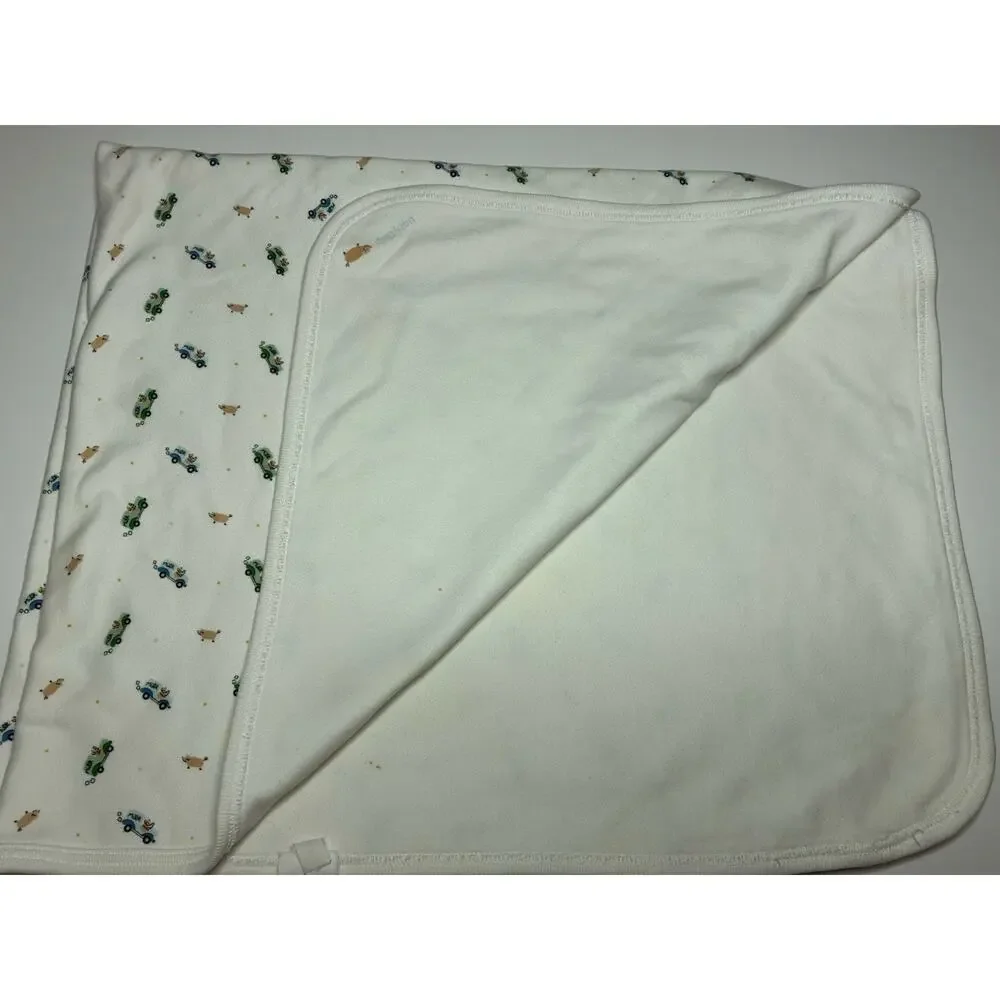 Vintage 1999 Baby GAP Baby Blanket White Green Blue Polka Dot Pig Trucks READ